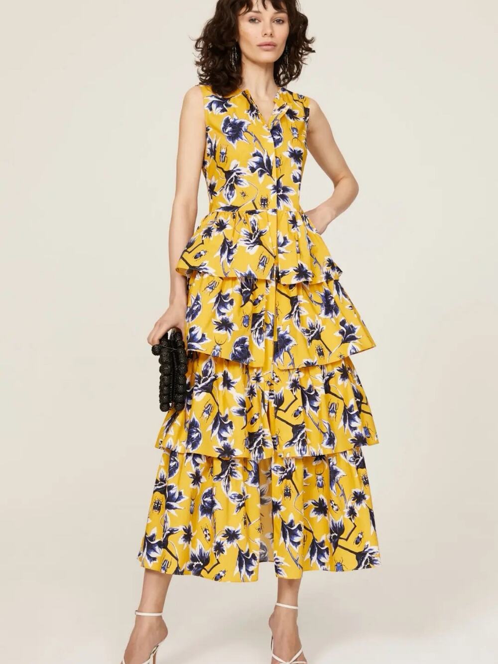 Osman Yousefzada Tiered Maxi Dress Womens sz 2 Yellow blue Floral Ruffle Boho